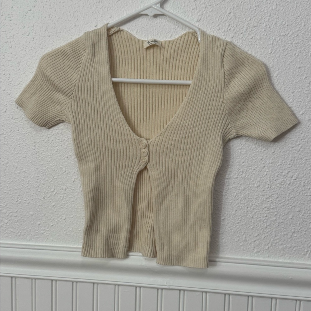 John Galt Cream Short Sleeve Cardigan | 100% Cotton | Knit Fabric | Cropped
